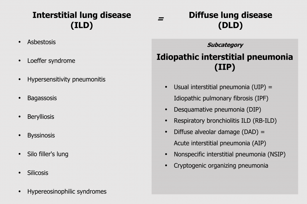 Interstitial lung disease (ILD) = diffuse lung disease (DLD). Asbestosis, loeffler syndrome, hypersensitivity pneumonitis, bagassosis, berylliosis, byssinosis, silo-filler’s lung, silicosis, hypereosinophilic syndromes. Subcategory idiopathic interstitial pneumonia (IIP): usual interstitial pneumonia (UIP) = idiopathic pulmonary fibrosis (IPF), desquamative pneumonia (DIP), respiratory bronchiolitis ILD (RB-ILD), diffuse alveolar damage (DAD) = acute interstitial pneumonia (AIP), non-specific interstitial pneumonia (NSIP), cryptogenic organizing pneumonia.