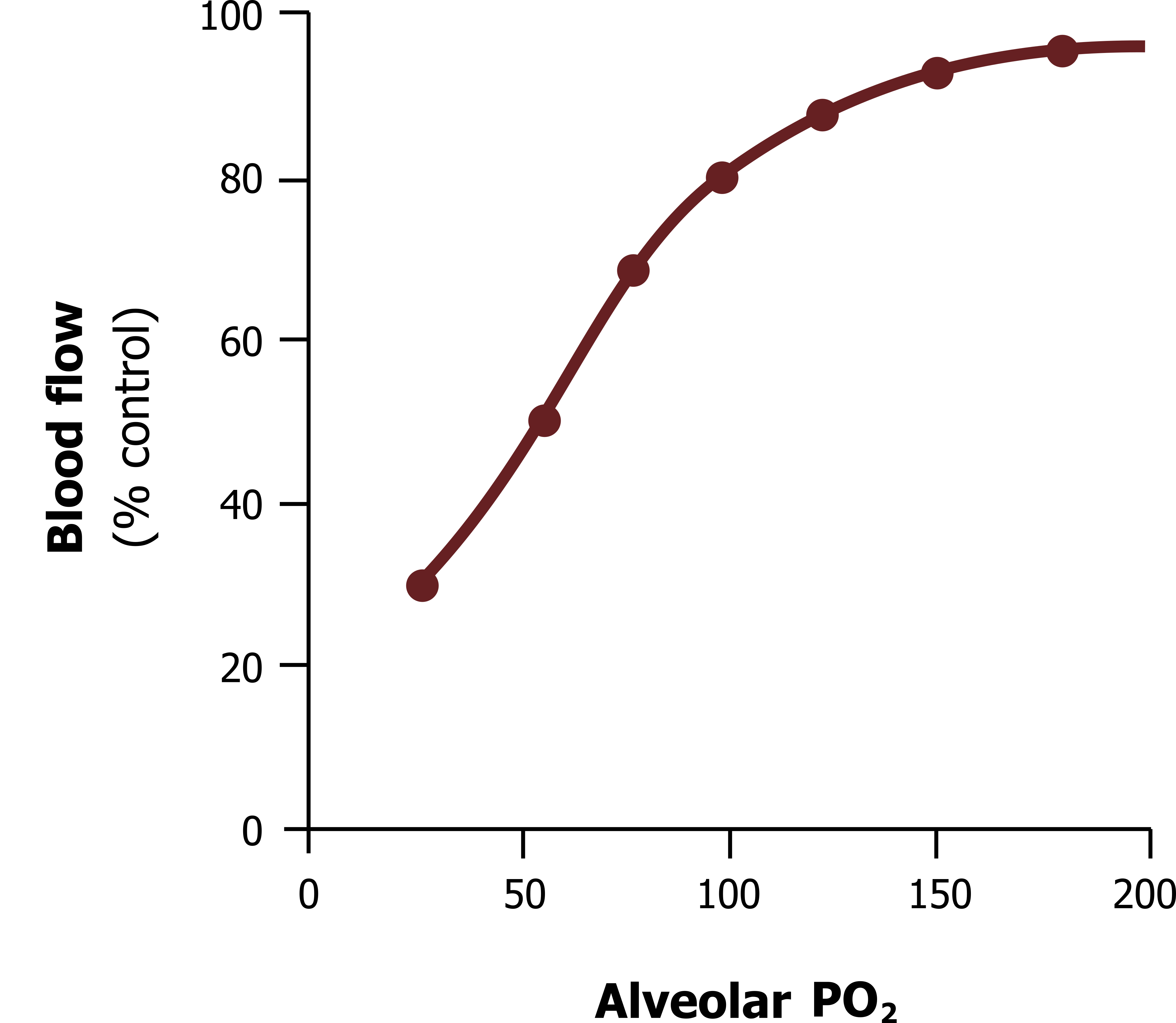 Graph with y-axis labeled blood flow (% control) ranging from 0 to 100 and x-axis labeled alveolar PO2 ranging from 0 to 200. The curve begins at (25, 30) and flattens out at (200, 100)