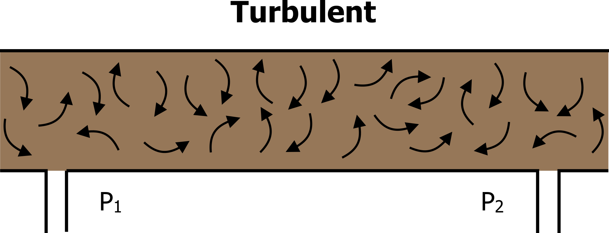 A rectangle with many curved arrows pointing various directions. There are two openings at the bottom labeled P1 on the left and P2 on the right