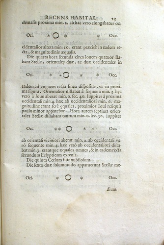 Page with Italian text that includes four drawings of Jupiter with multiple moons on either side of it which change position in each drawing.