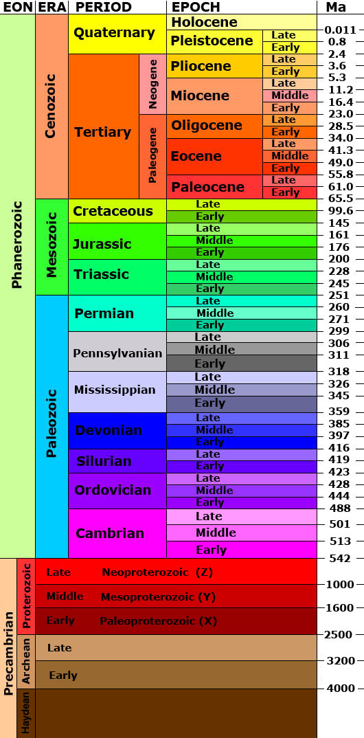 Precambrian eon is made up of haydean, archean, and proterozoic eons. Phanerozoic eon is made up of paleozoic (permian, pennsylvanian, mississippian, devonian, silurian, ordovician, cambrian periods), mesozoic (cretaceous, jurassic, triassic periods), and cenozoic eras (quaternary and tertiary periods).