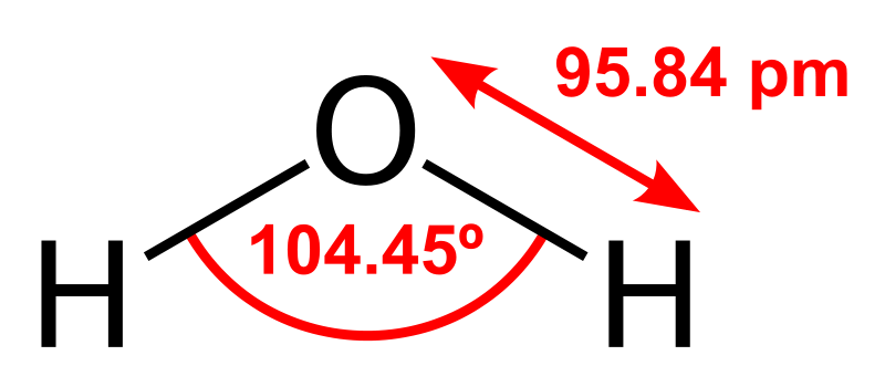 Simple diagram of a water molecule with the letter O at the center and an individual letter H branching out on either side of the O. One letter H is to to the lower left of the letter O with a line connecting them and the other letter H is to the lower right of the letter O with a line connecting them. The angle between the two connecting lines is 104.45 degrees. Along one of the connecting lines is the label "95.84 pm."