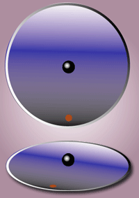 Animation illustrating a ball thrown on a rotating disc. Viewed from the perspective of a stationary viewer on the disc, it appears to follow a curved path.