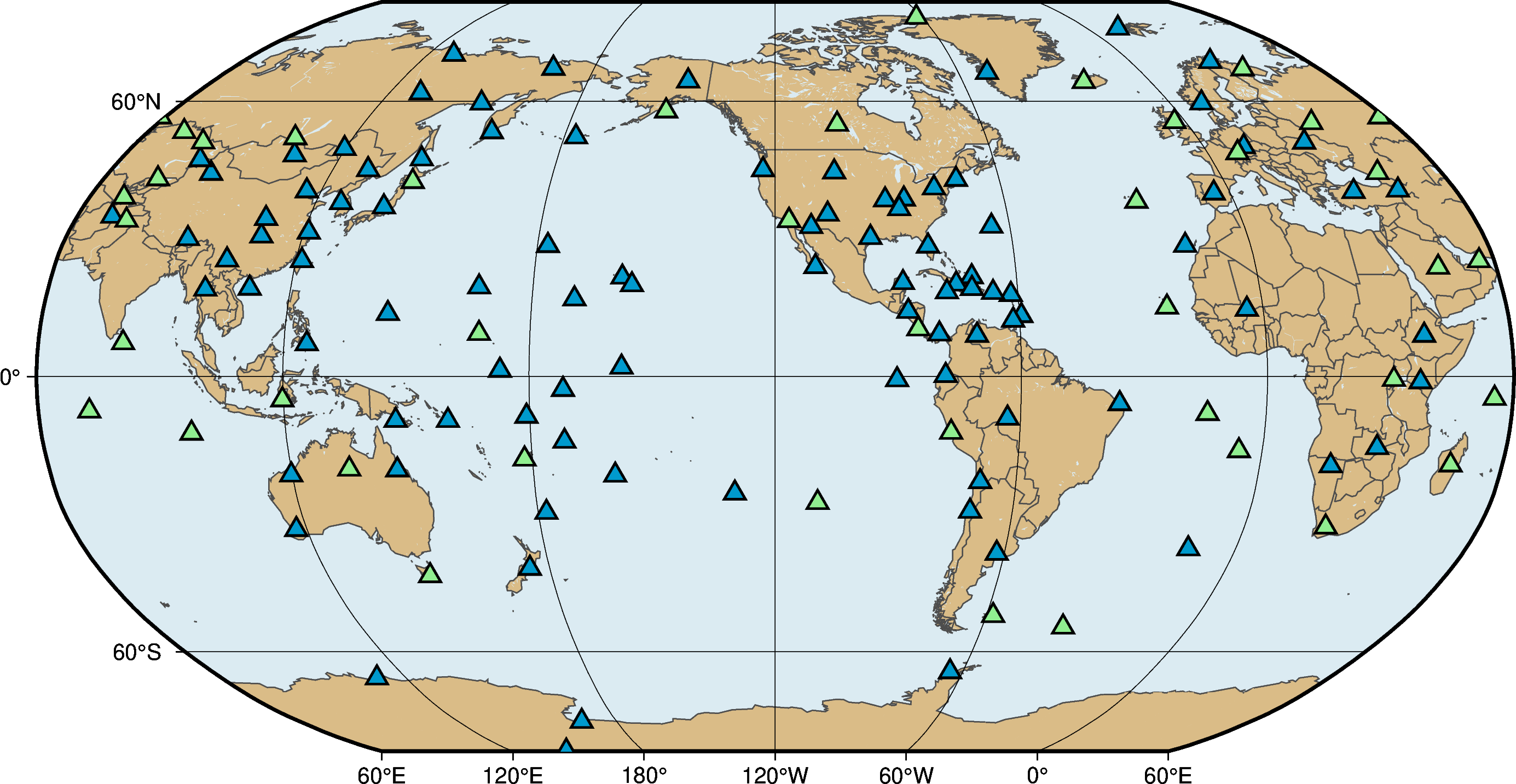 World map showing the distribution of Global Seismographic Network (GSN) stations. USGS GSN site locations are shown as blue triangles and IRIS/IDA station locations are shown as green triangles; the stations are spread across the entire globe.