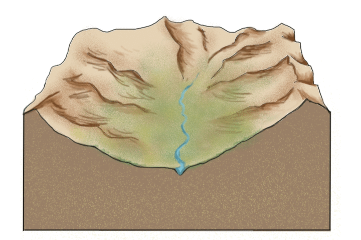Animated GIF of the formation of a glacial valley: the valley begins as a V-shaped valley with a river running through it. As ice forms on the mountains and fills the valley, the glacier then carves away at the base of the valley, changing it into a U-shaped valley. At the end of the animation, the ice melts away and leaves behind a U-shaped glacial valley with a few rivers and a lake at the base.