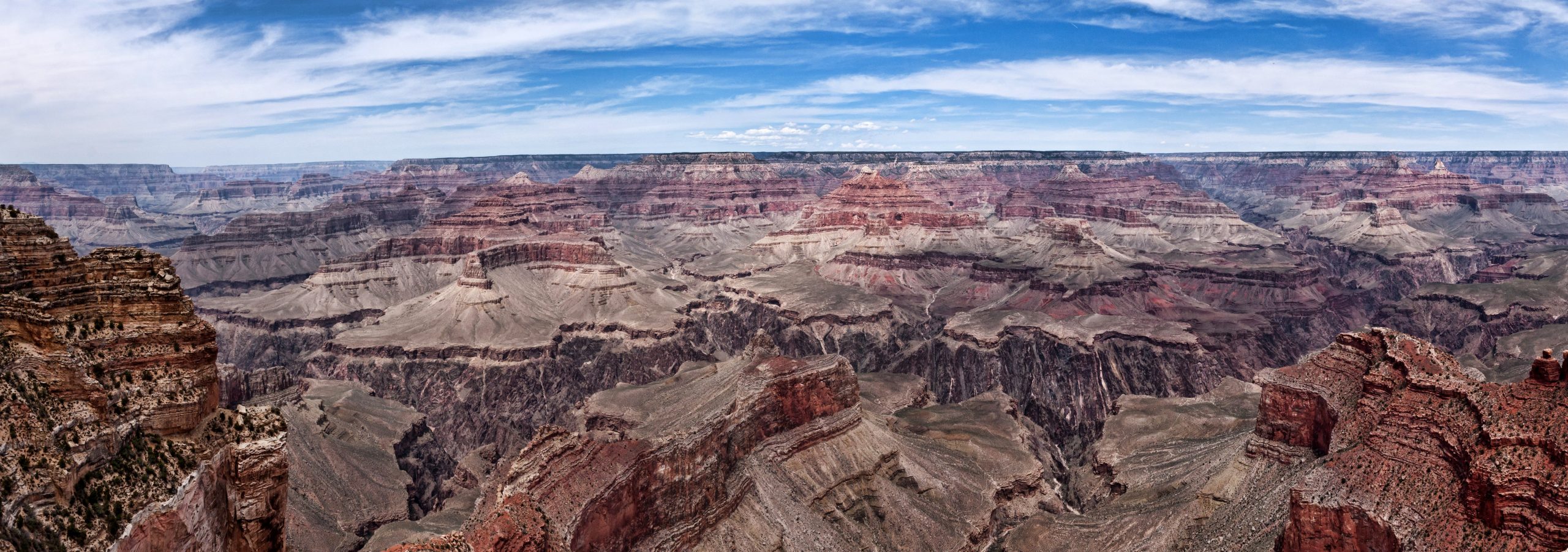 Wide-angle view overlooking the Grand Canyon, in which you can see continuous flat-lying layers of tan, brown, and gray sedimentary rock along the canyon walls.