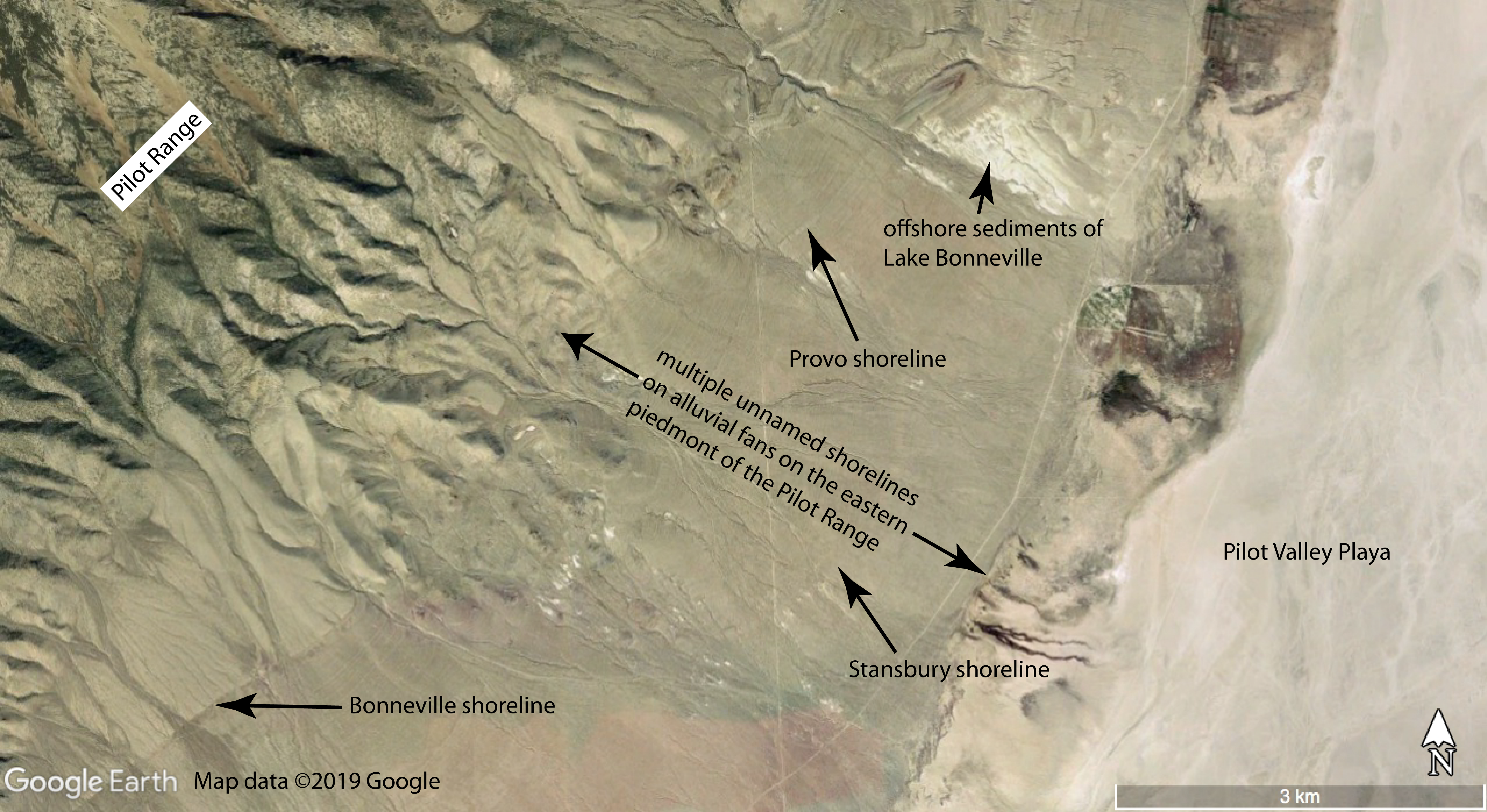 Satellite view of tan desert landscape with slopes on the left leading down to a flat white playa labeled Pilot Valley Playa on the right; the slopes are labeled Pilot Range; near the bottom of the image at the base of the slopes is the label Bonneville shoreline; near the top of the image at the base of the slopes are the labels offshore sediments of Lake Bonneville and Provo shoreline; leading from the base of the slopes to the playa is the label multiple unnamed shorelines on alluvial fans on the eastern piedmont of the Pilot Range with another label Stansbury shoreline.