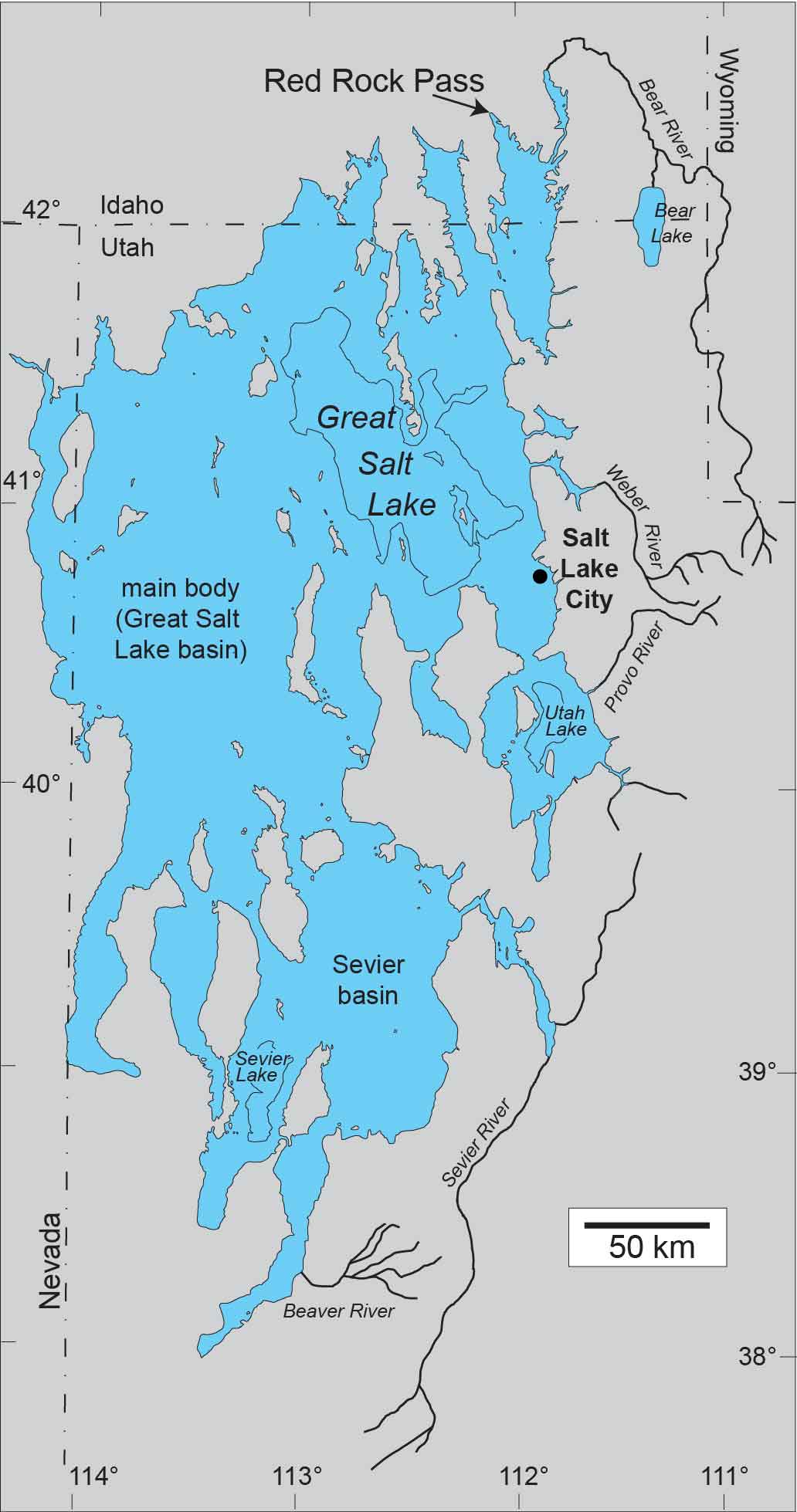 Map of Lake Bonneville in northwestern Utah; the modern Great Salt Lake is outlined in the northern part of Lake Bonneville and is much smaller than Lake Bonneville.