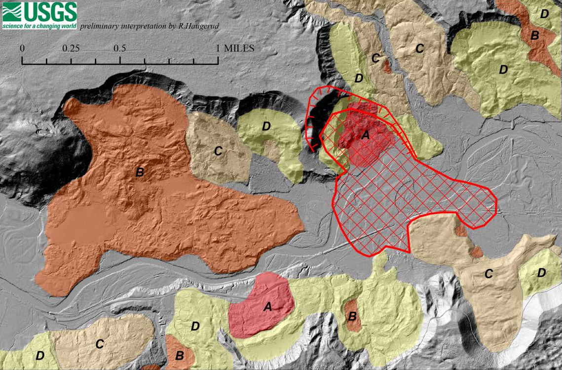 Shaded relief map showing size of slide, flow direction arrows, home covered, and distinct scarp.