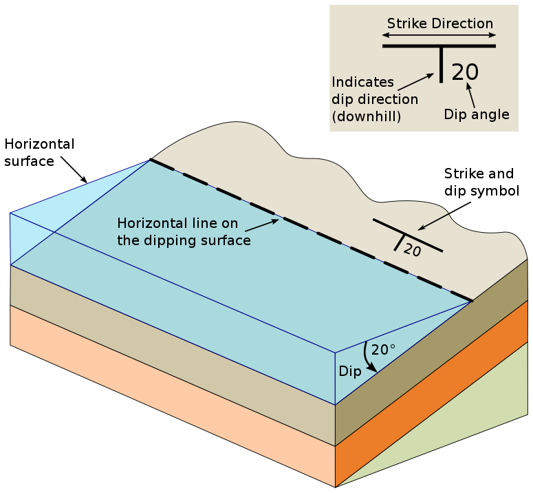 Block diagram showing three stacked sedimentary layers gently dipping with a transparent horizontal surface overlain on top of the layers; there is a dashed line where the horizontal layer intersects the dipping layers with the label Horizontal line on the dipping surface; the angle between the horizontal layer and the dipping layers is 20 degrees and labeled Dip; on the top of the dipping layers is a T-shaped symbol labeled Strike and dip symbol, with the number 20 in the lower right. In the upper right of the figure is a T-shaped symbol with an arrow along the longest part labeled Strike Direction; at the lower right of the T is the number 20, labeled Dip angle; and the smaller part of the symbol is labeled Indicates dip direction (downhill).