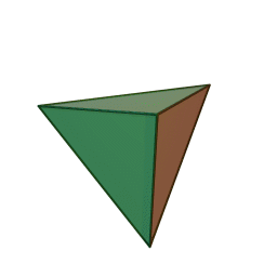 Animation of a rotating pyramid shape with a triangular base. The sides of the shape are green and brown.