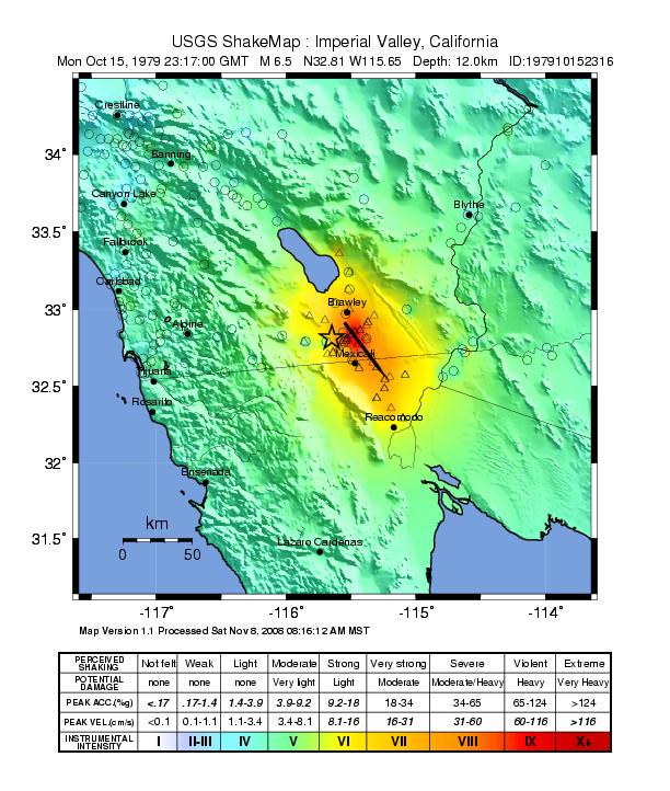 Square shaded relief map centered over the Imperial Valley of southern California with latitude and longitude labeled around the edges of the map. Near the center of the map is star that marks an earthquake epicenter on the edge of a small red area shaded on the map; radiating outward from the red area are lighter red to orange to yellow areas, representing less and less shaking felt away from the epicenter of the earthquake. At the bottom of the figure is a chart showing the Mercalli Scale (described in the text).