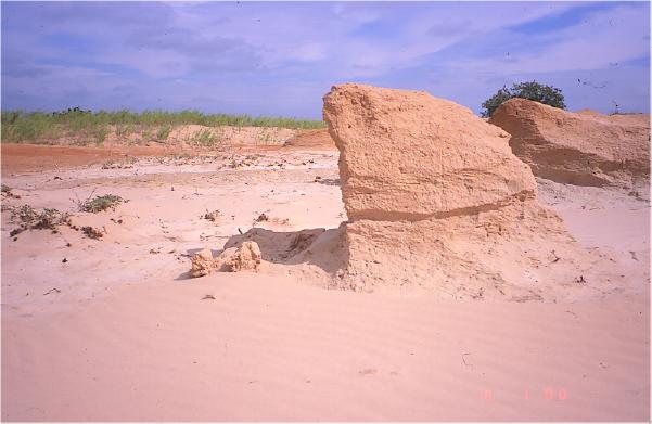 Sand-covered ground that has a sandstone rock resting on top of a base that has been worn away by sandblasting.