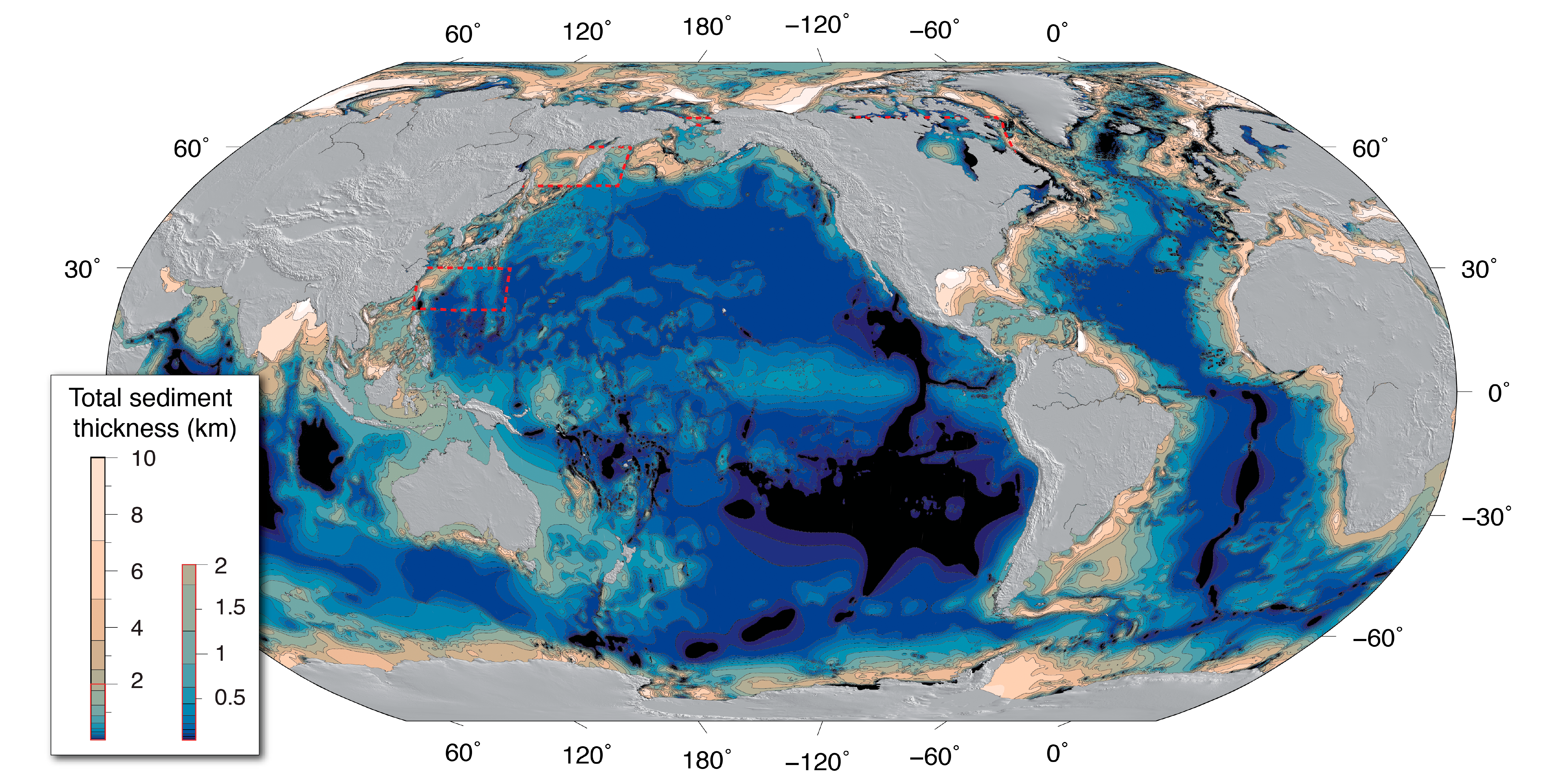 World map with ocean basins color-coded according to the sediment thickness on the ocean floor; the thickest sediment is tan in color with a darker gradient for thinner sediment, while the thinnest sediment id deep blue in color with a lighter gradient for thicker sediment. The sediment is thickest around the ocean margins near the continents while the sediment is thinnest away from the continents in the deepest ocean basins and trenches.