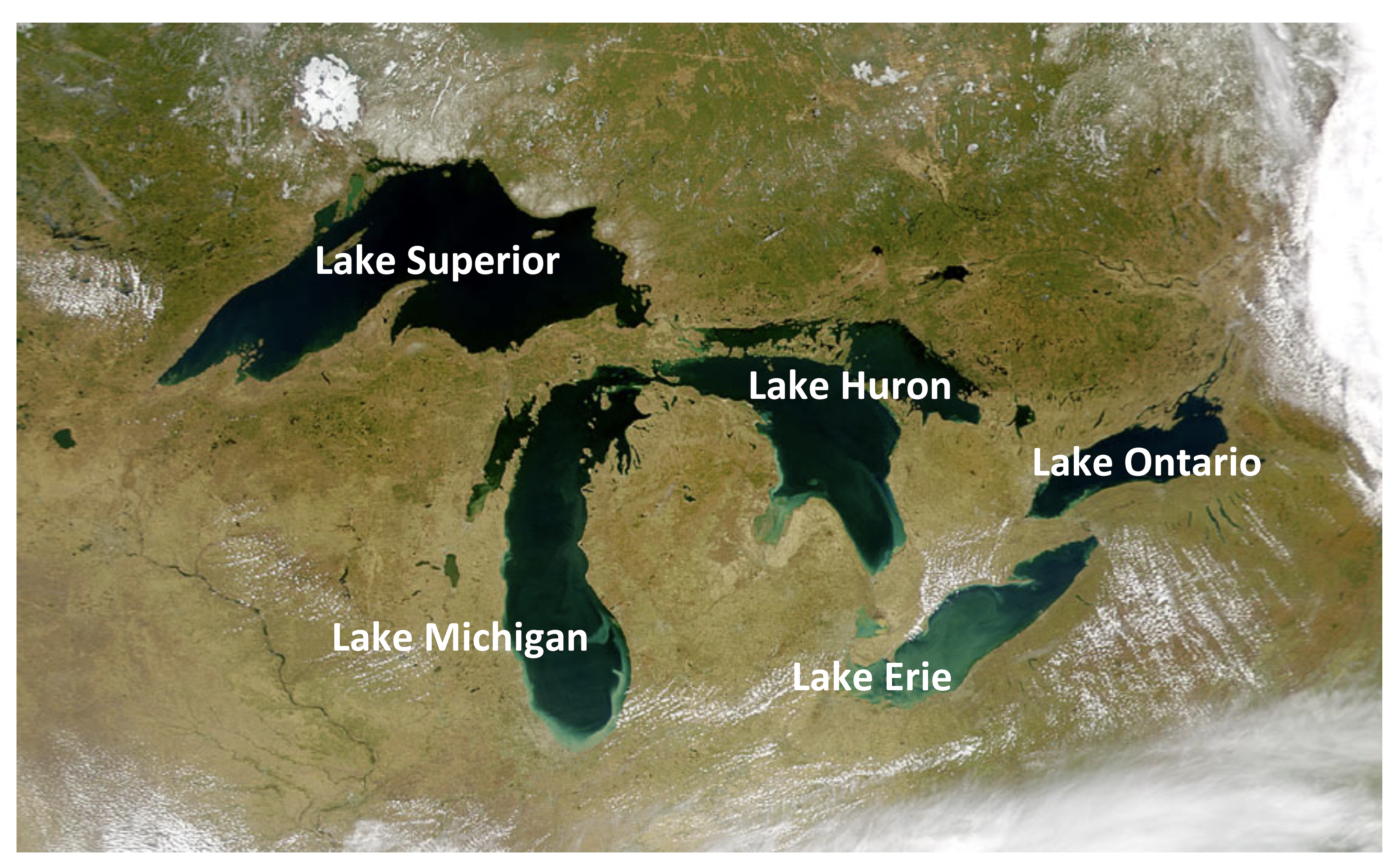 Aerial view of the five great lakes (Superior, Huron, Michigan, Erie, Ontario) that occupy basins left by the ice sheet in the Ice Age.