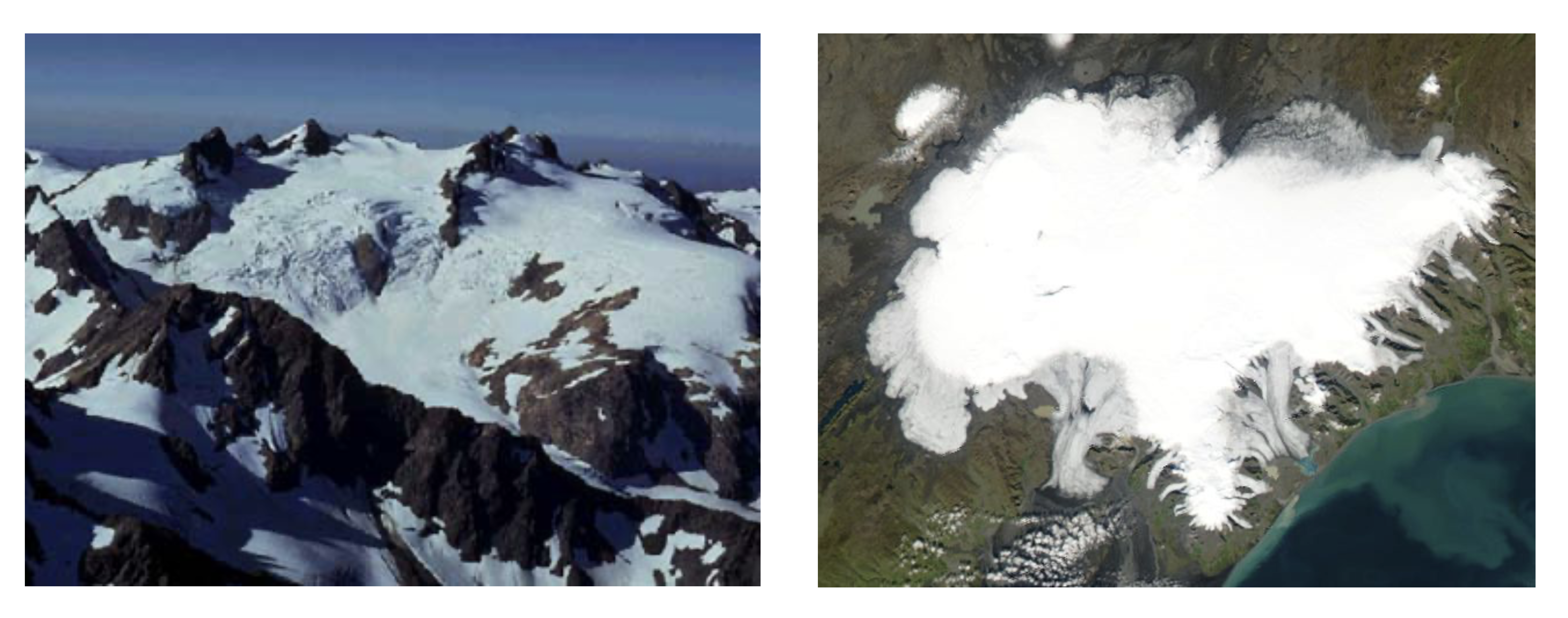 Left: side profile of mountain. Right: ariel view of mountain. Both pictures have white snow on the very top of the mountain.