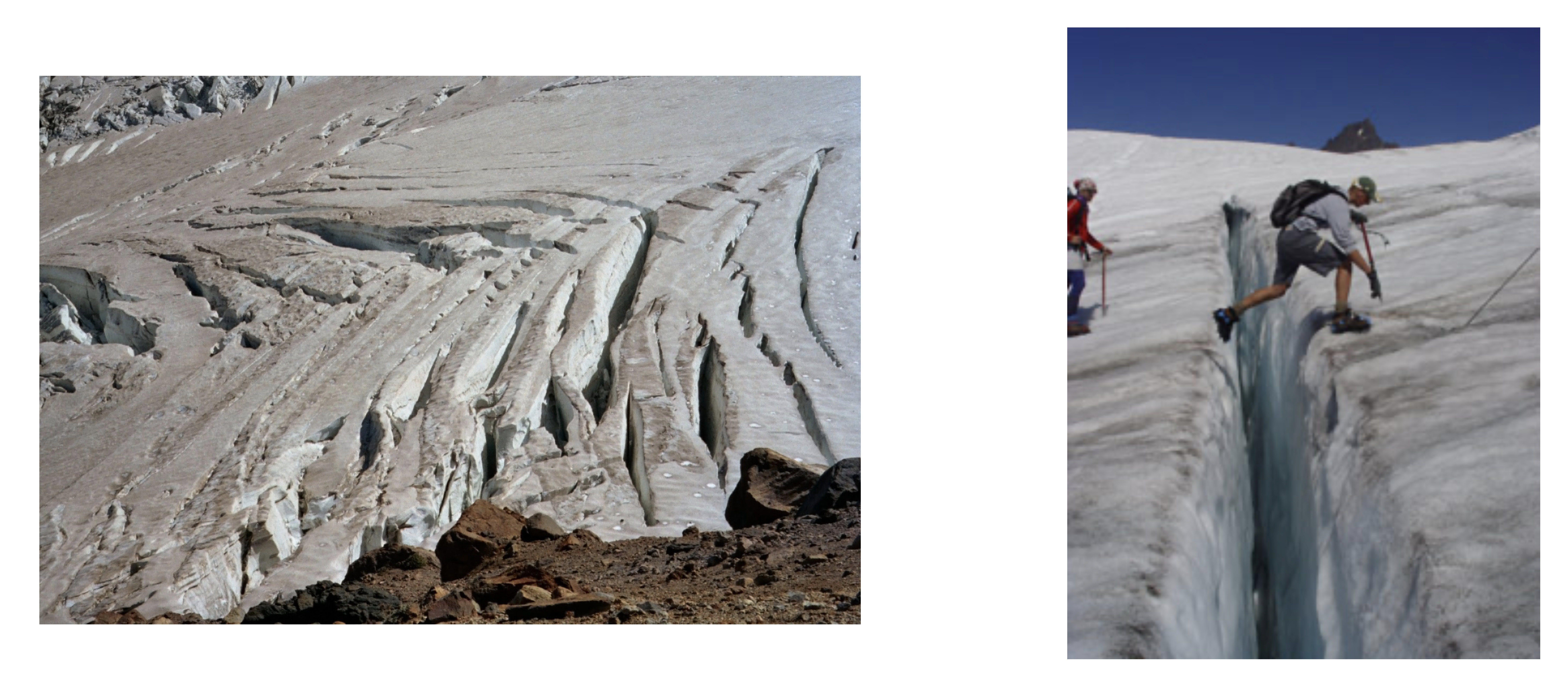 Two photos: the left photo shows deep cracks in a sheet of glacial ice and the right photo shows a person stepping over a deep crack in a sheet of glacial ice.