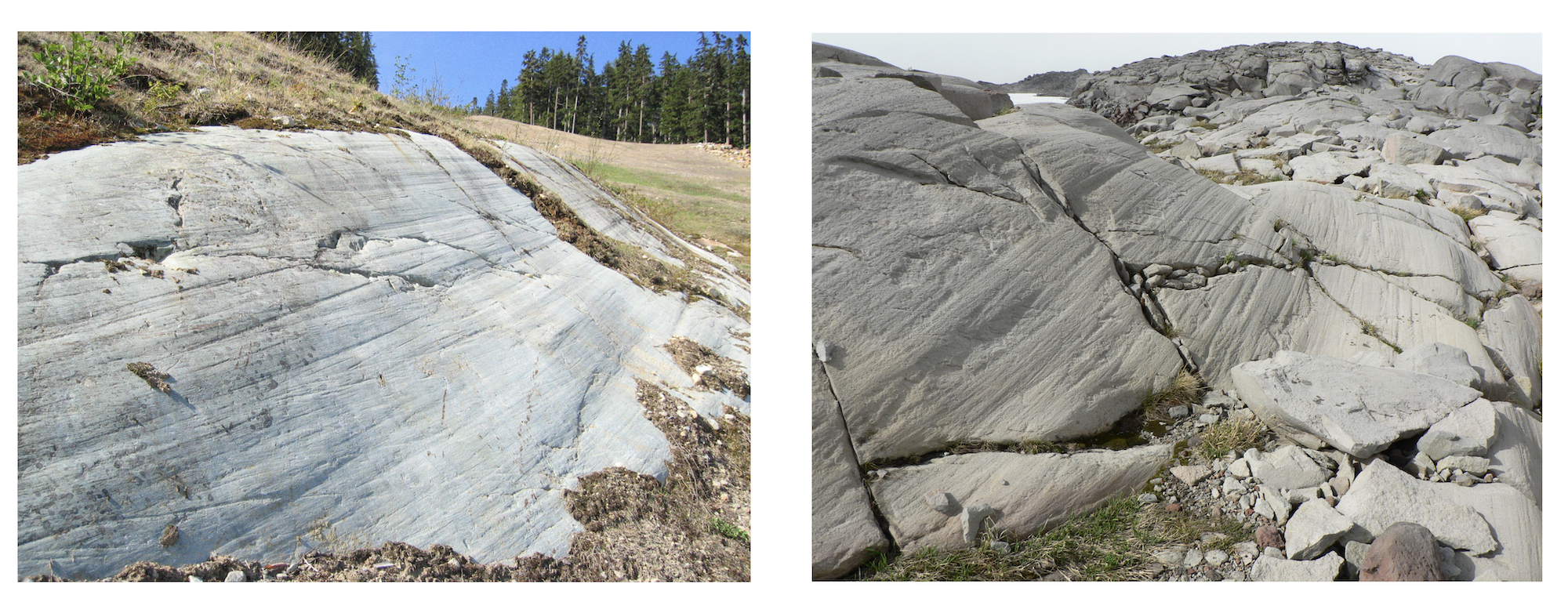 Two photos: the left photo shows a big, smooth rock with parallel linear grooves and the right photo shows smoothed, polished rock with parallel linear grooves abraded.