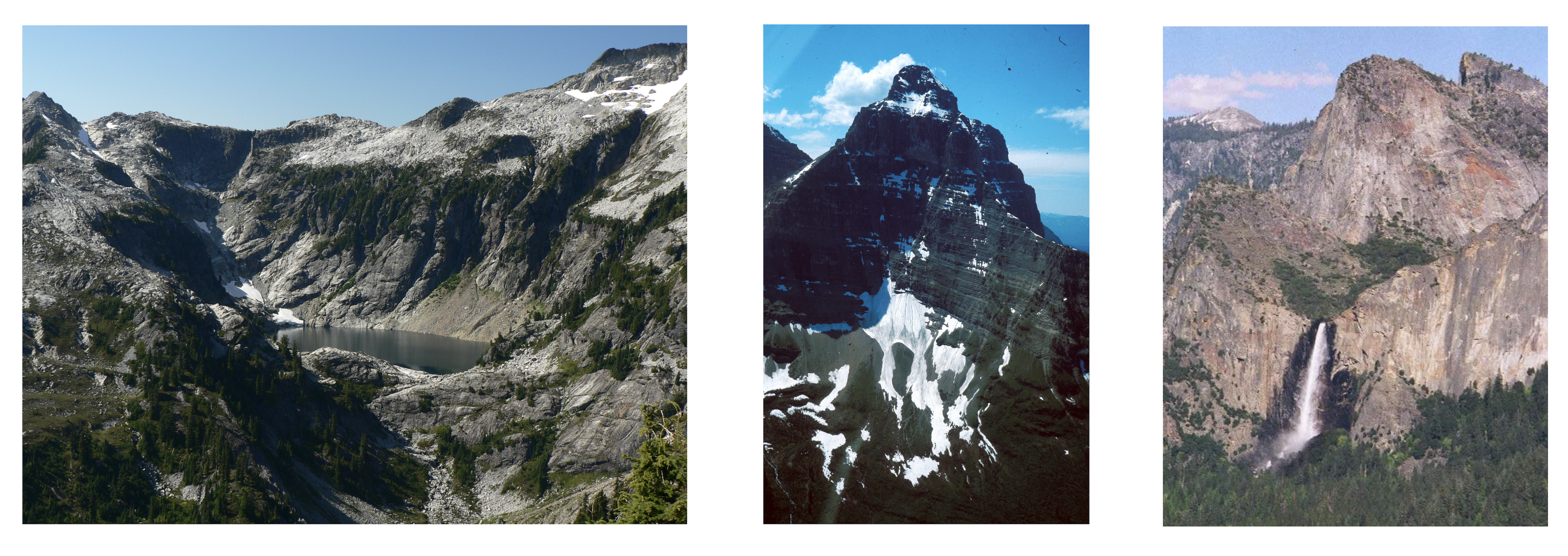 Three photos: the left photo shows a steep rocky mountain that has an amphitheatre-like valley carved out of the top of the mountain, with a lake at the base. The middle photo shows a steep and pointy rocky mountain top. The right photo shows a steep rocky mountain with a U-shaped valley halfway up the slope; a large waterfall flows out of the mid-height valley onto the valley below.