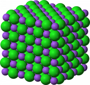 Image of crystal model of halite with ions of sodium and chlorine arranged in a cubic structure.
