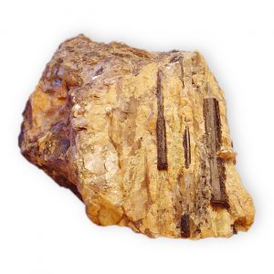 A crystal of orthoclase (potassium feldspar) wth elongated dark crystals of hornblende