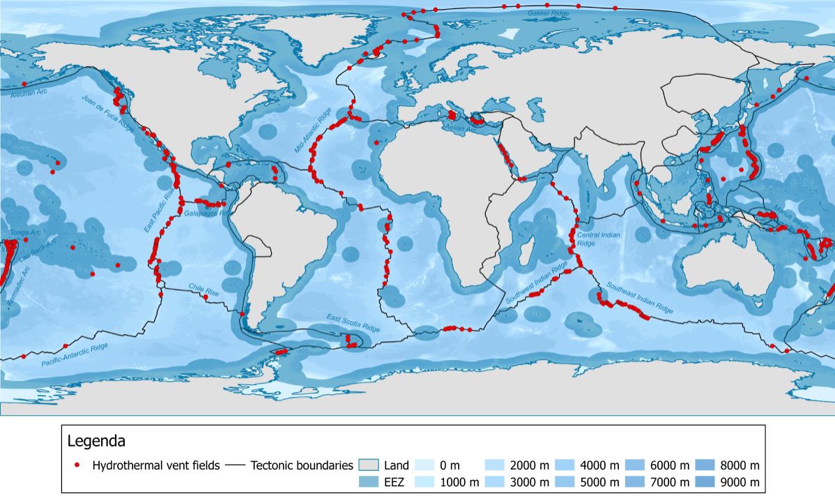 Map showing worldwide distgrbution of hydrothermal vent fields;