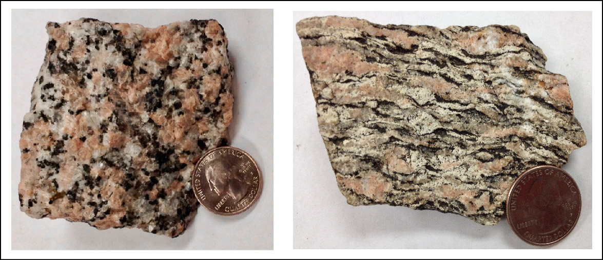 Two rocks with very similar colors. One is a granite and another is a gneiss that has aligned dark minerals.