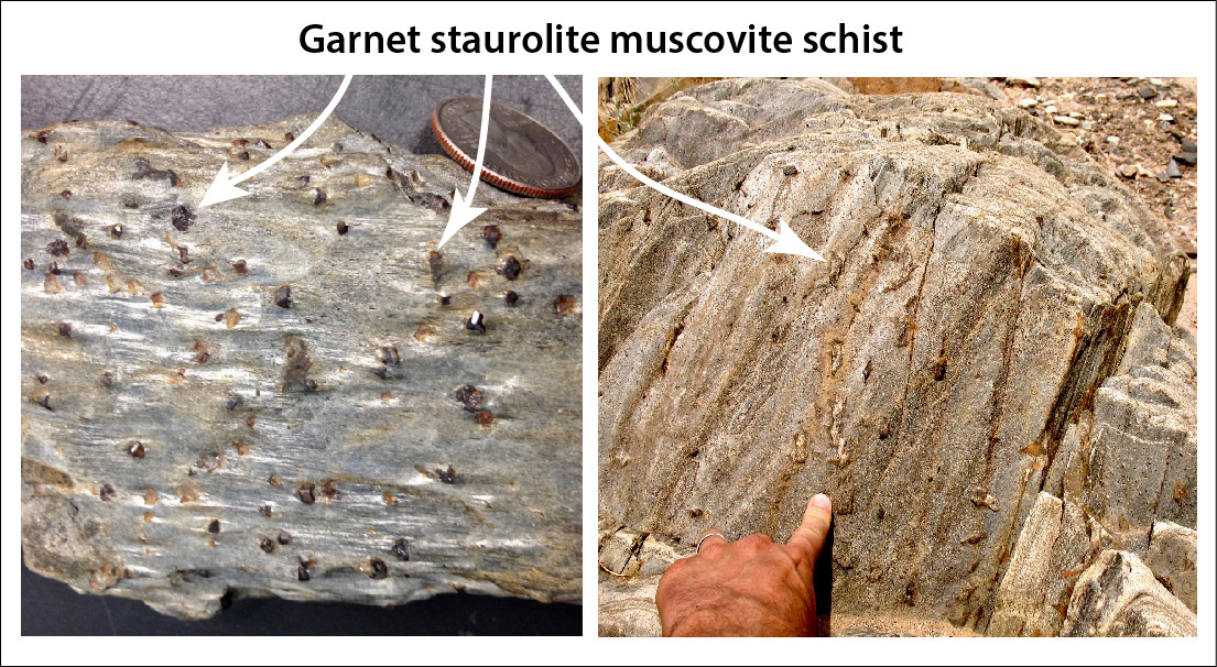 Two photos of similar rocks that have visible foliation: the rocks have a silvery sheen and sparse small glassy brown crystals throughout. Arrows labeled "Garnet staurolite muscovite schist" point to the small brown crystals.