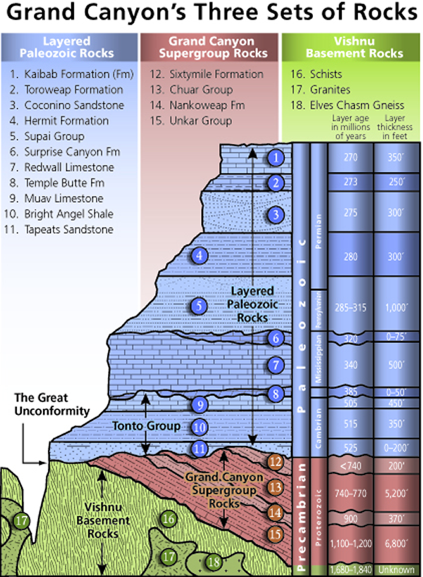 Rocks that make up the Grand Canyon. From top to bottom (newest to oldest rocks) in three layers. Top layer: layered paleozoic rocks including Kaibab formation (Fm), Toroweap formation, Coconino sandstone, Hermit formation, Supai group, Surprise canyon Fm, Redwall limestone, Temple butte Fm, Muav limestone, Bright angel shale, Tapeats sandstone. Middle layer: Grand canyon supergroup rocks including Sixtymile formation, Chuar group, Nankoweap Fm, Unkar group. Bottom layer: Vishnu basement rocks including schists, granites, elves chasm gneiss.