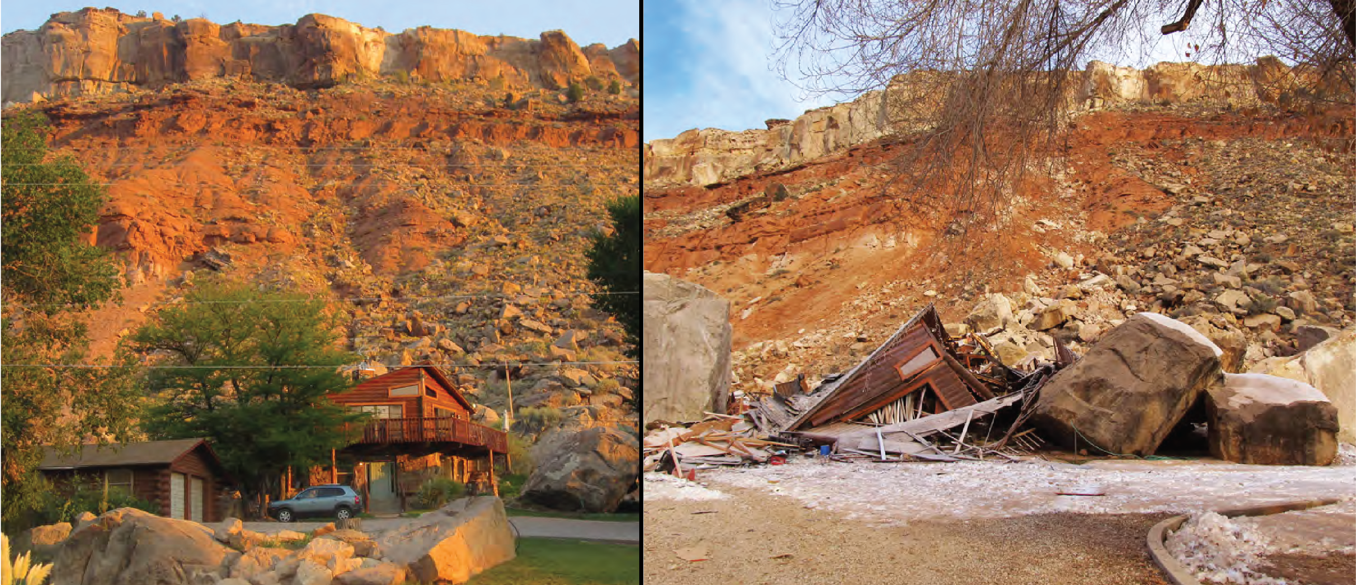 Side-by-side images taken from the same place. Left: House in tact with a mountain in the background. Right: house destroyed by boulders and smaller rocks.