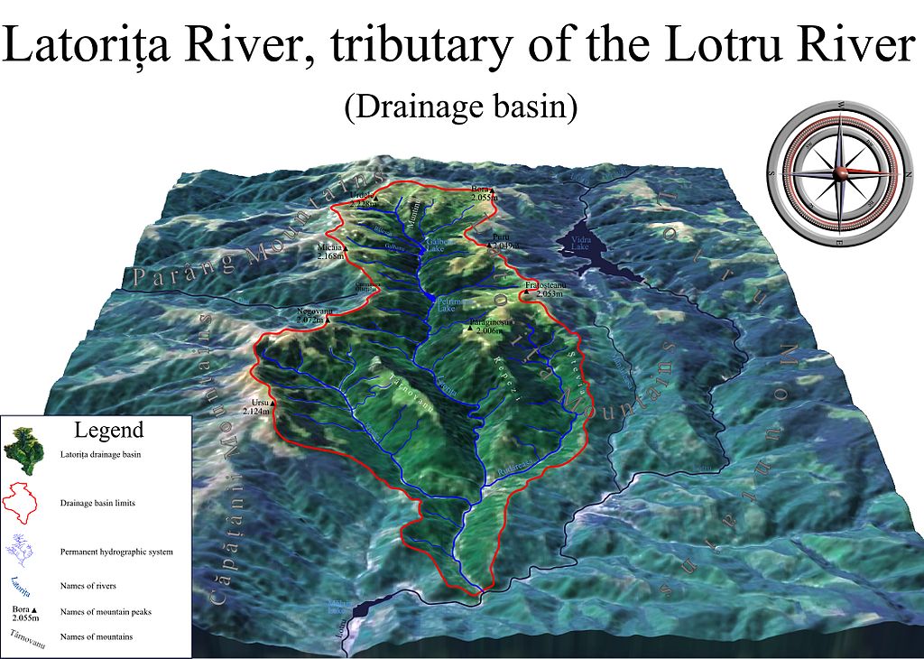Oblique relief map of the Latorita River, a tributary of the Lotru River; North is toward the right of the map. The Latorita drainage basin is colored green and outlined in red; it encircles the main river as well as the tributary streams and surrounding land leading to the river.
