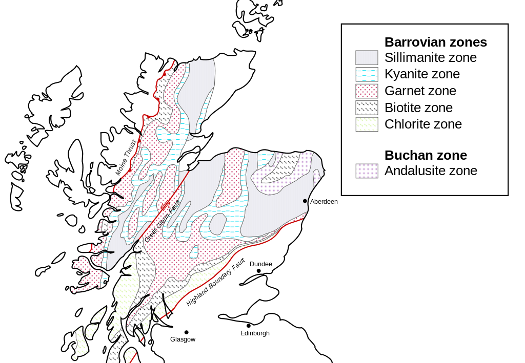Map of Scotland with metamorphic zones highlighted; metamorphic grade increases toward the northwest, away from the Highland Boundary Fault in the southeast.