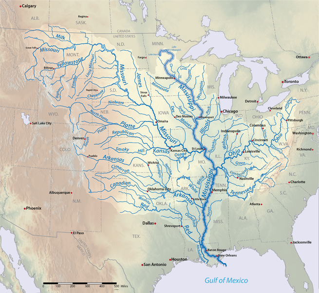 Map of central North America showing the main branch of the Mississippi River and the many tributaries that contribute to the river.