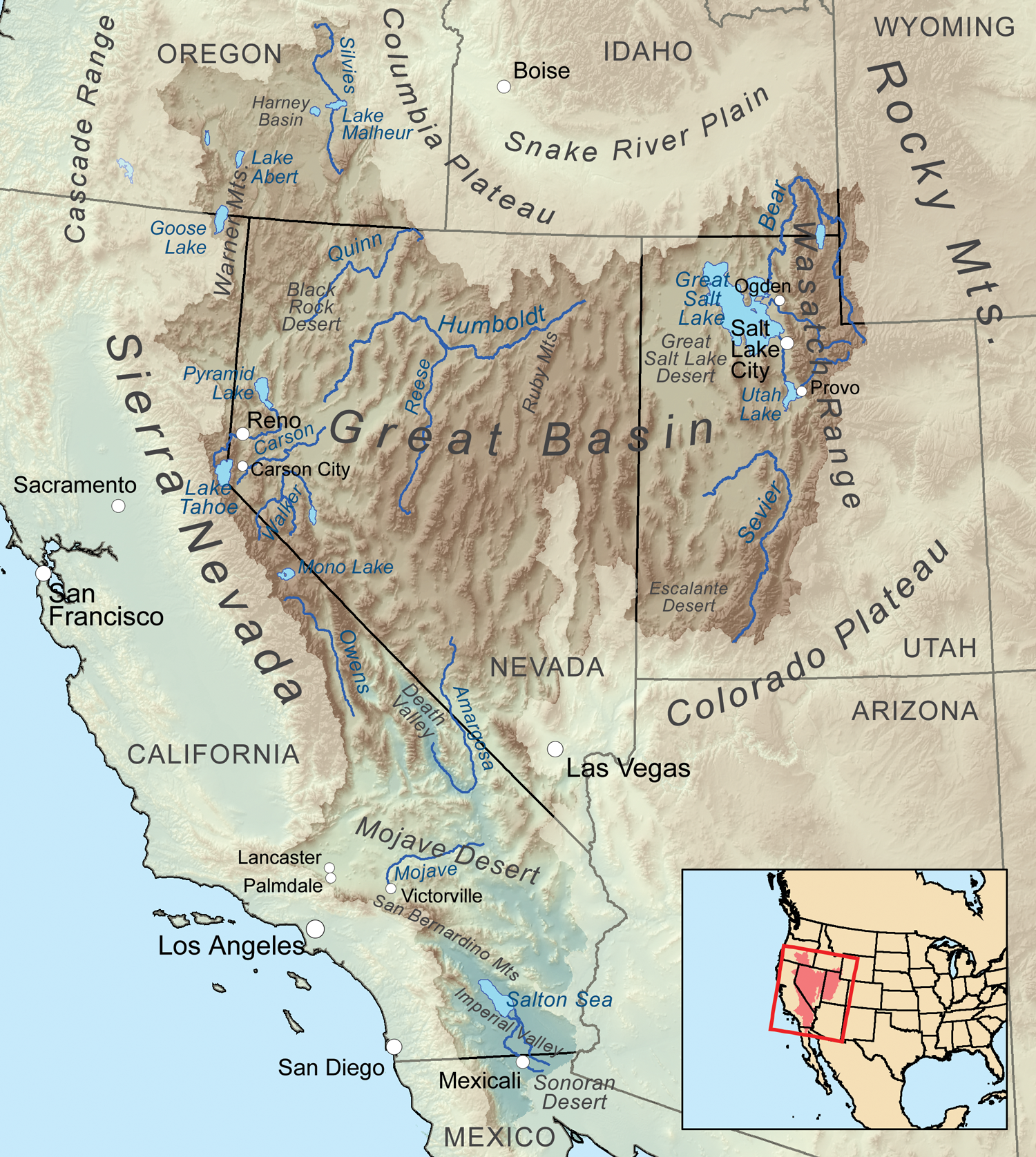 Map of the Great Basin Desert, located across most of Nevada, Western Utah, southeastern Idaho, eastern California, and south-central Oregon. Multiple streams begin and end within the basin.