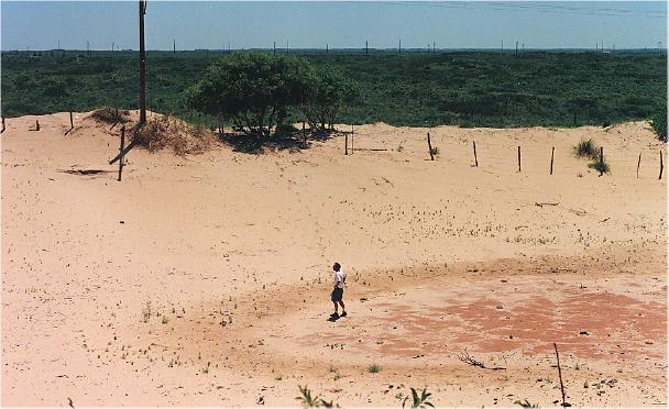 Man standing in bowl-shaped sandy depression.