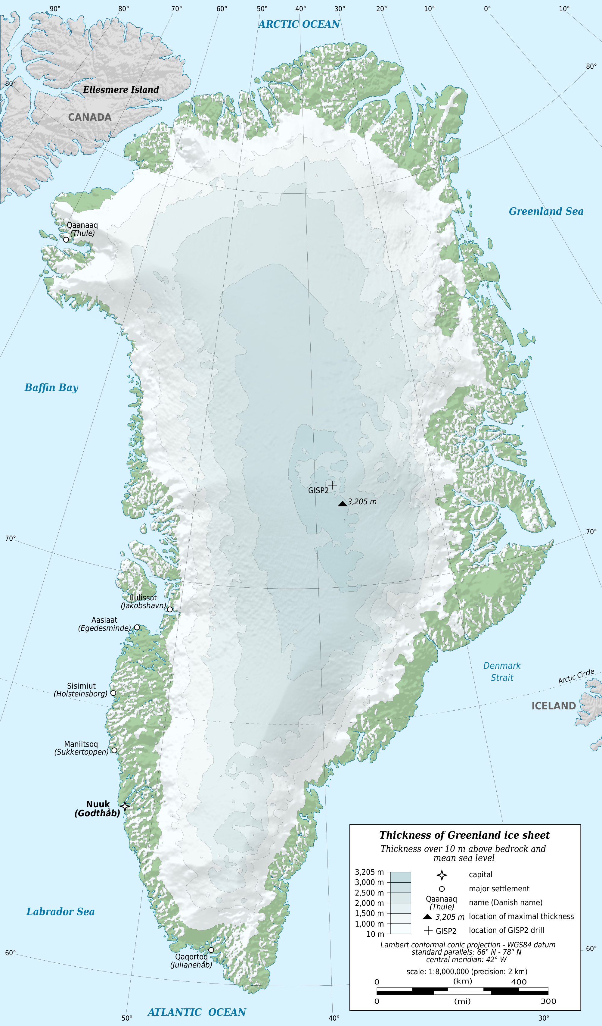 Map of Greenland showing the thickness of the ice sheet that covers nearly the entire country. The ice is thickest near the center of Greenland with a maximum thickness of 3,205 meters and gets thinner outward toward the coasts.