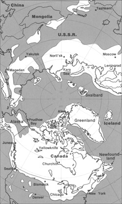 Map centered over the North Pole, showing the maximum extent of the Laurentide ice sheet. The ice sheet covers Greenland, Canada, the northern United States, northern Europe, and northern Asia.