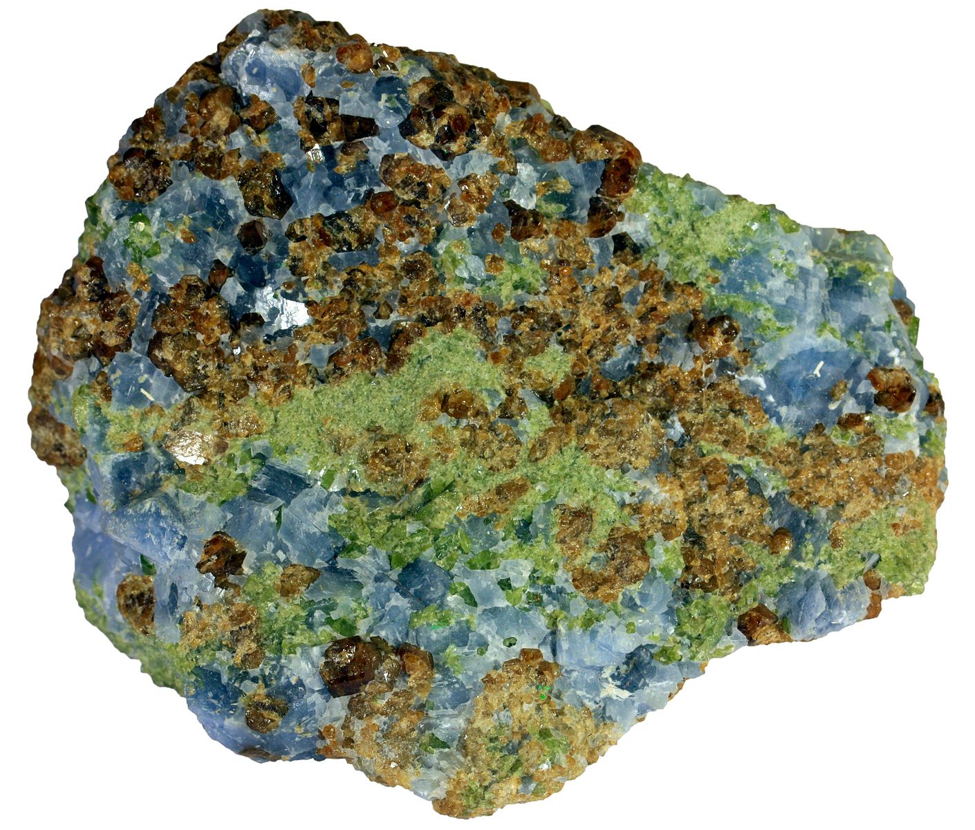 A closeup photo of a chunk of rock made up of glassy amber-colored grains, olive green glassy grains, and a light blue glassy grains.