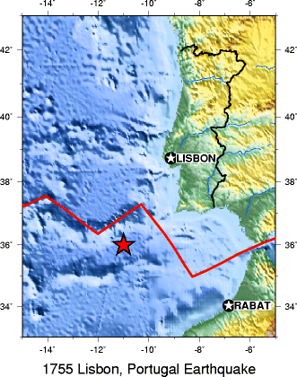 Map of the western coast of Portugal, Spain, and Morocco, showing an east-west trending fault that goes through the Strait of Gibraltar. A red star labels the location of the epicenter of the 1755 earthquake, located just south of the fault line in the North Atlantic Ocean.