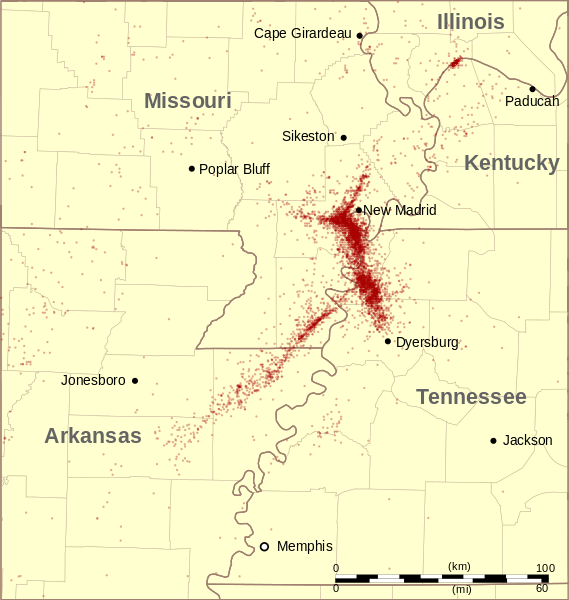 Map centered on southeastern Missouri, western Kentucky, northwestern Tennessee, southern Illinois, and northeastern Arkansas; earthquake epicenters are marked as red dots with a visible concentration near the border of southeastern Missouri, northwestern Tennessee, and northeastern Arkansas.