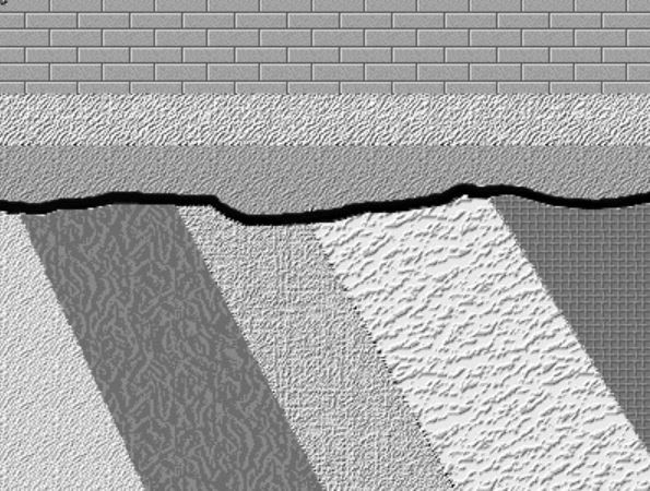 Grayscale cross sectional view of three flat-lying sedimentary layers sitting on top of a series of five steeply dipping sedimentary layers; along the bottom contact of the lowest flat-lying sedimentary layer, above the angled layers, is a thick, curved line representing a gap in time.