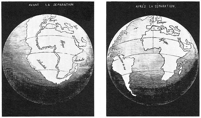 Two black and white illustrations side-by-side: the left illustration shows the world globe with eastern South America and western Africa connected, labeled as 