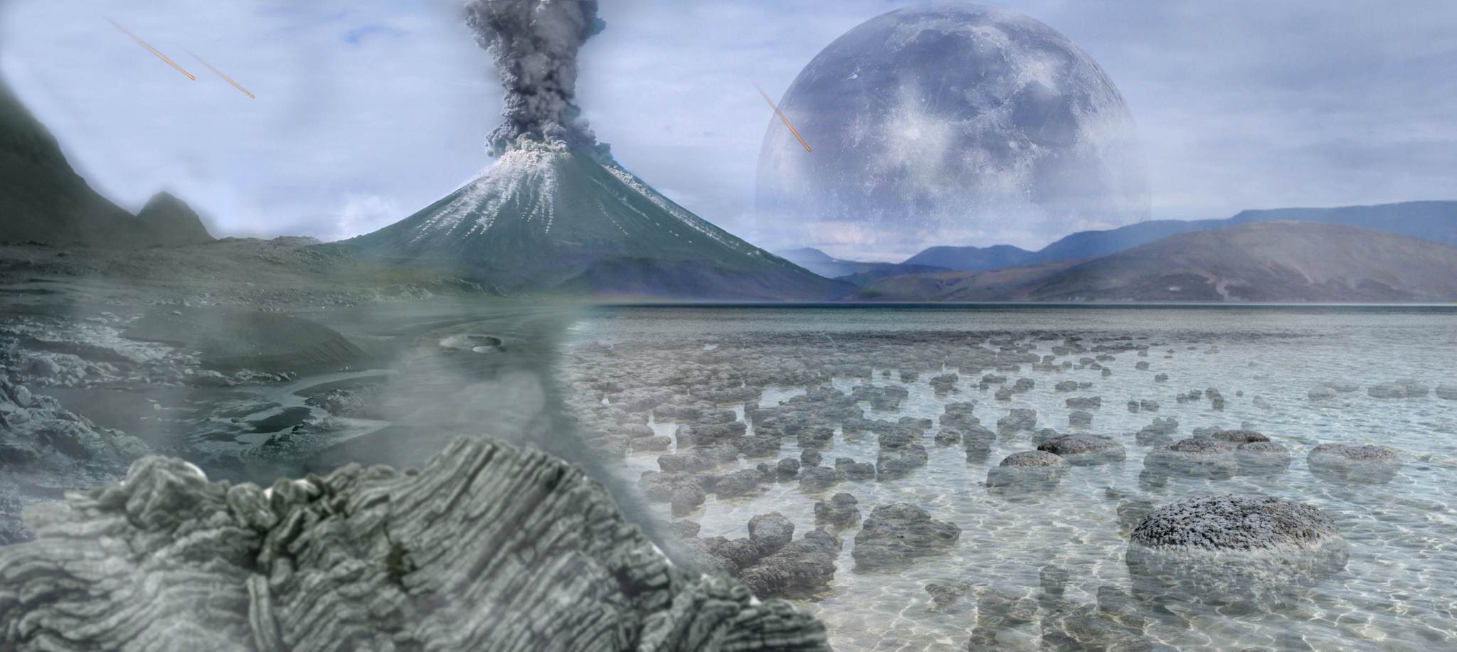 It shows volcanoes, impacts, and stromatolites.