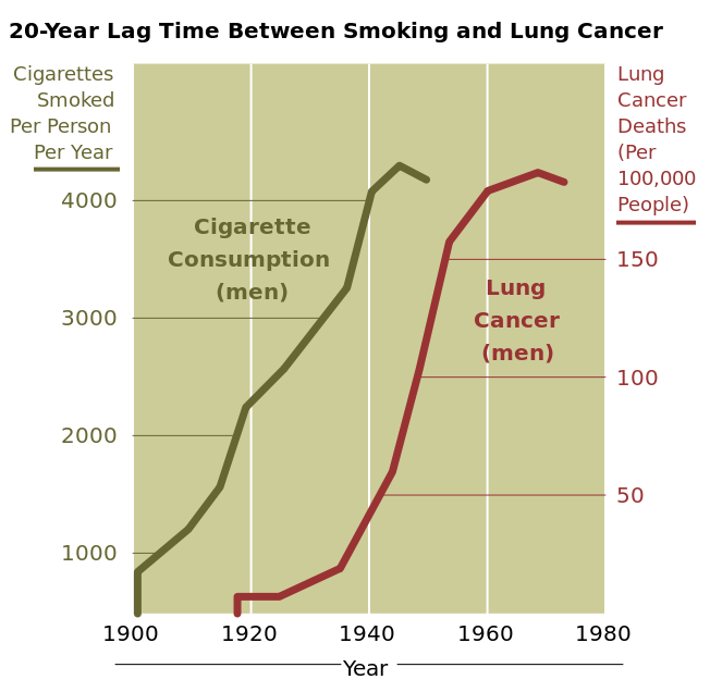 Cigarettes smoked per person per year and lung cancer deaths per 100,000 people shown on the same timeline. cigarette consumption (men) and lung cancer (men) have the same increasing slope, only lung cancer is 20 years delayed.