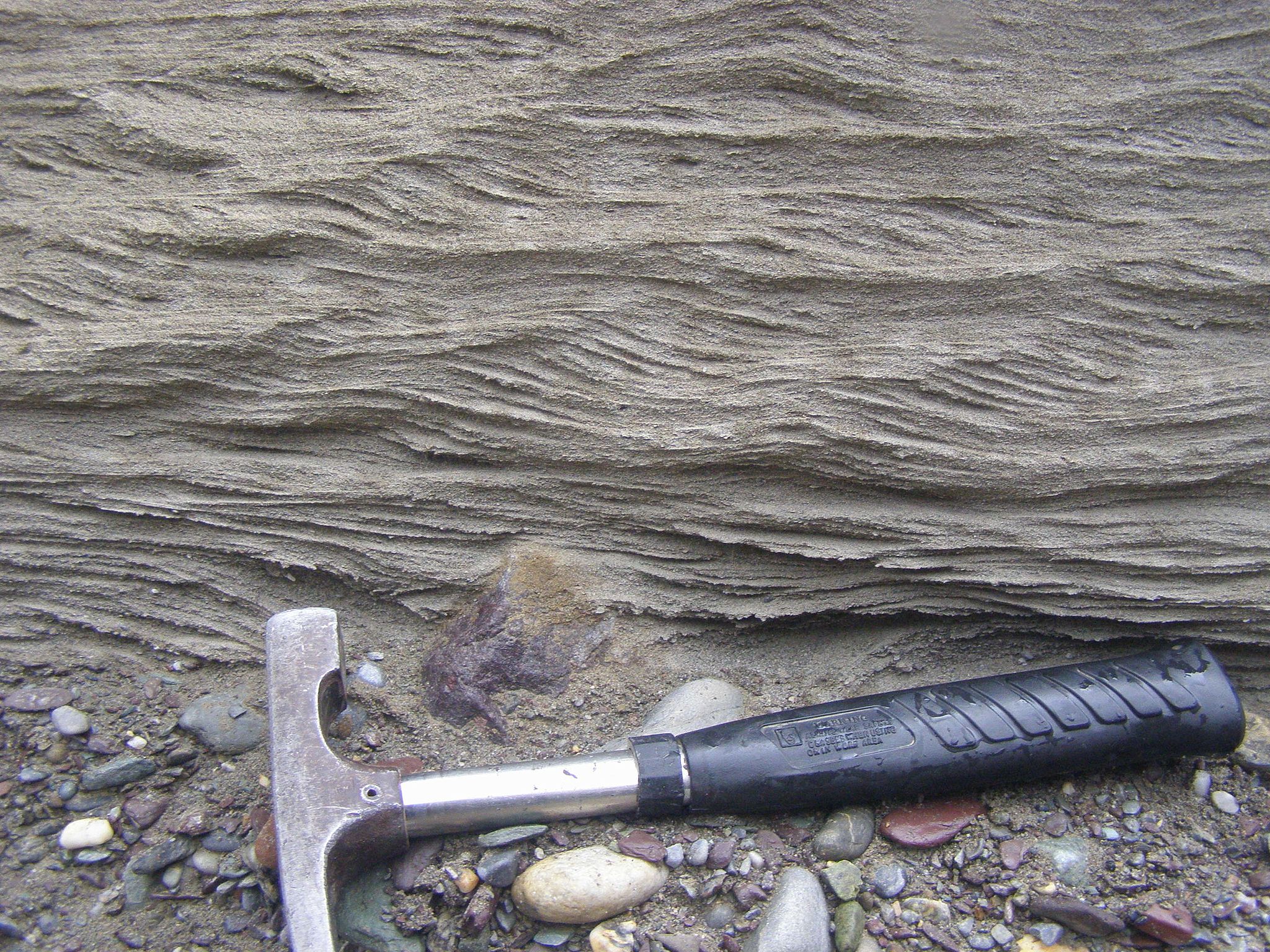 Cross sectional view of rock containing a series of elongated ridges and troughs that appear to be ascending or climbing toward the upper right; a rock hammer rests at the base of the outcrop for scale.