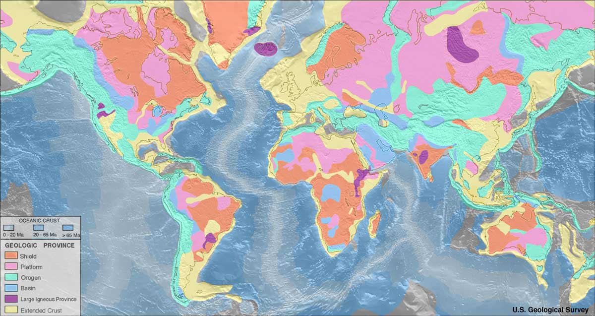 World map with geologic provinces color-coded: Shield are colored orange and are seen on northern North America, eastern South America, northwestern Europe, northern and southern Asia, northwestern Australia, and sub-Saharan and southern Africa. Platform are colored pink and are seen near the same locations as shield with the exception of large platforms covering most of northern Asia and Europe. Orogen are colored cyan and are seen along western North America, western South America, the northwestern edge of Africa, southern Europe, southeastern Australia, and southern, central, and northeastern Asia. Basin are colored blue and are seen as thin strips in central-west North America, central-west South America, southern and northeastern Asia, and small spots in central and northwestern Africa. Large igneous province is colored purple and are seen as small blobs in western North America, eastern South America, Iceland, eastern Africa, central India, and northern Asia. Extended Crust are colored yellow and are seen on the margins of all of the continents.