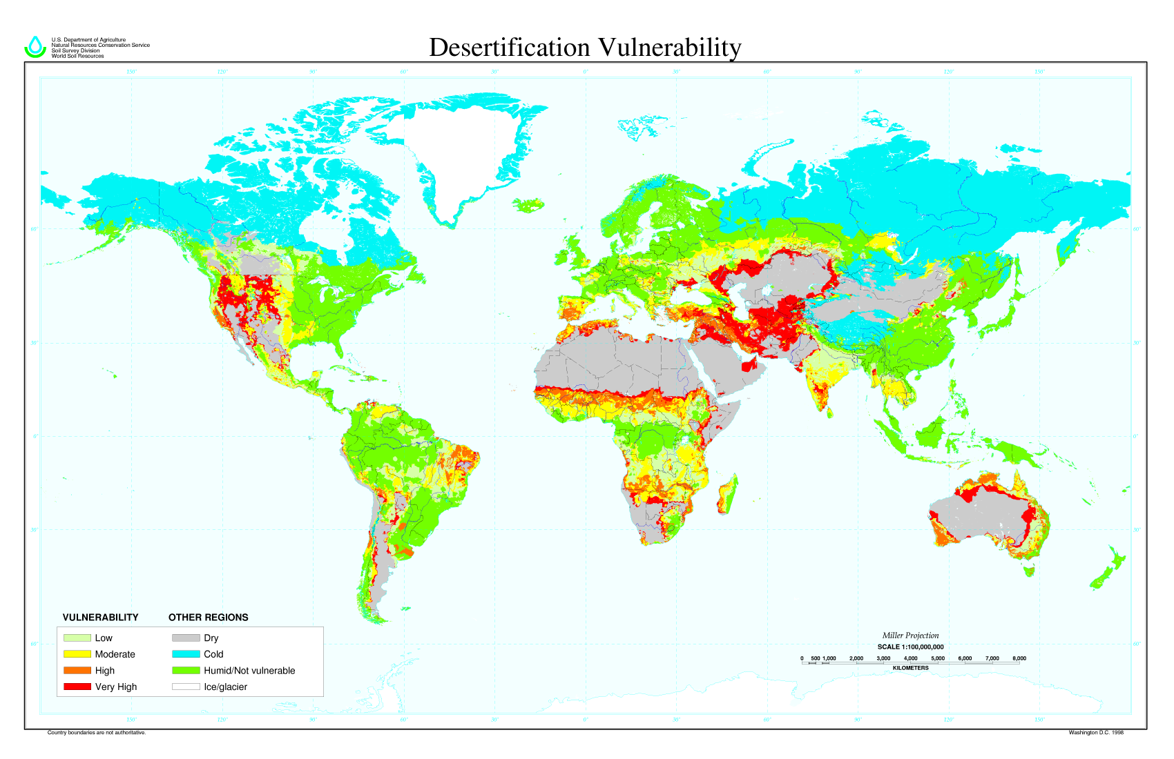 World map showing desertification vulnerability