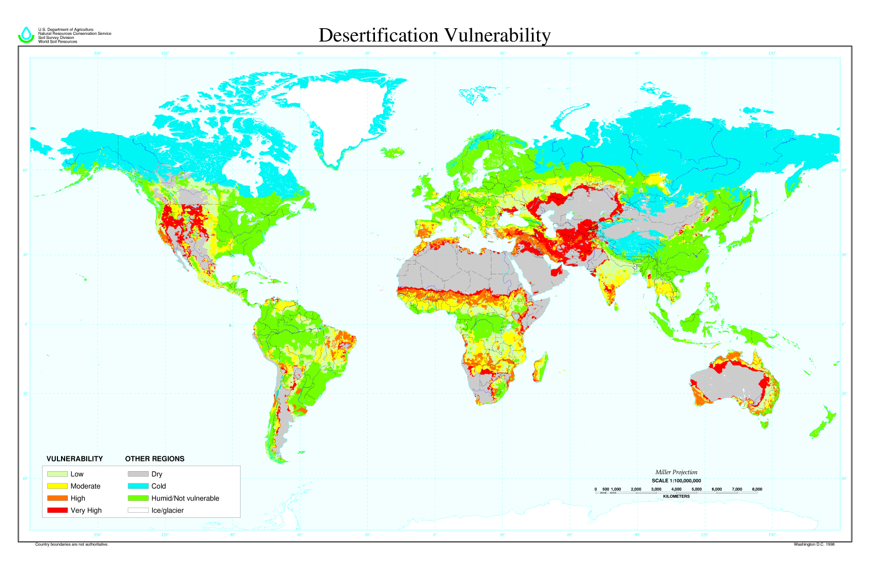 World map color coded according to desert vulnerability: low vulnerability is light green, moderate is yellow, high is orange, and very high is red. Regions with high and moderate vulnerability include western and southwestern U.S., eastern and south-central South America, sub-Saharan Africa and southern Africa, the Middle East, and the coastal regions of Australia. Other regions either have low to moderate vulnerability or are classified as other regions: dry, cold, humid/not vulnerable, or ice/glacier.