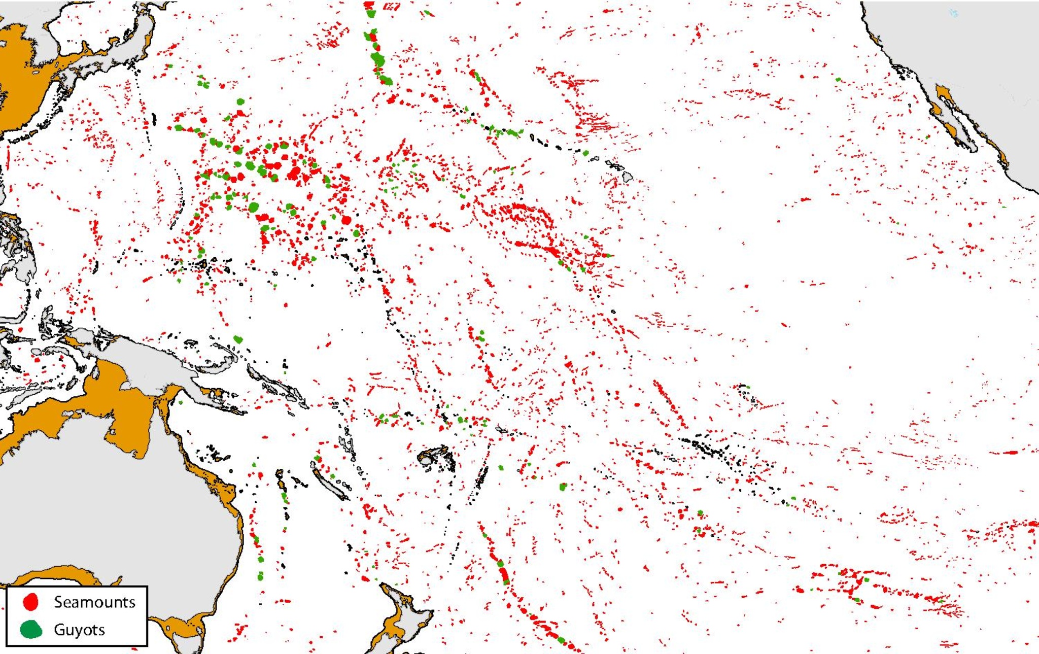 The left side of the map shows part of Australia and Asia while the right side of the map shows the west-southwestern coast of North America. The Pacific Ocean is white, with numerous red dots, ranging from tiny to small, scattered throughout the ocean; guyots are shown as slightly larger green dots and are less abundant than seamounts.