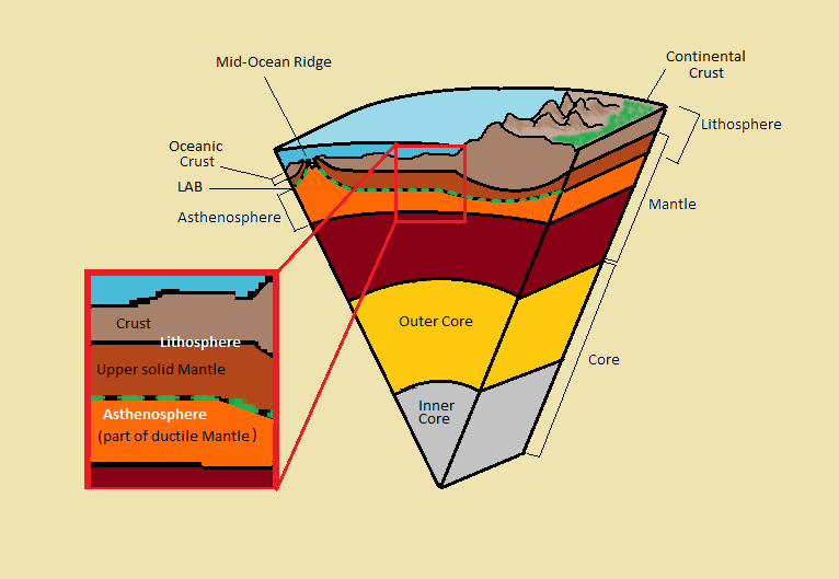 From core to surface: Inner core, outer core, asthenosphere (part of ductile mantle), LAB, upper solid mantle, lithosphere, oceanic crust, continental crust. Mid ocean ridges form from the asthenosphere.